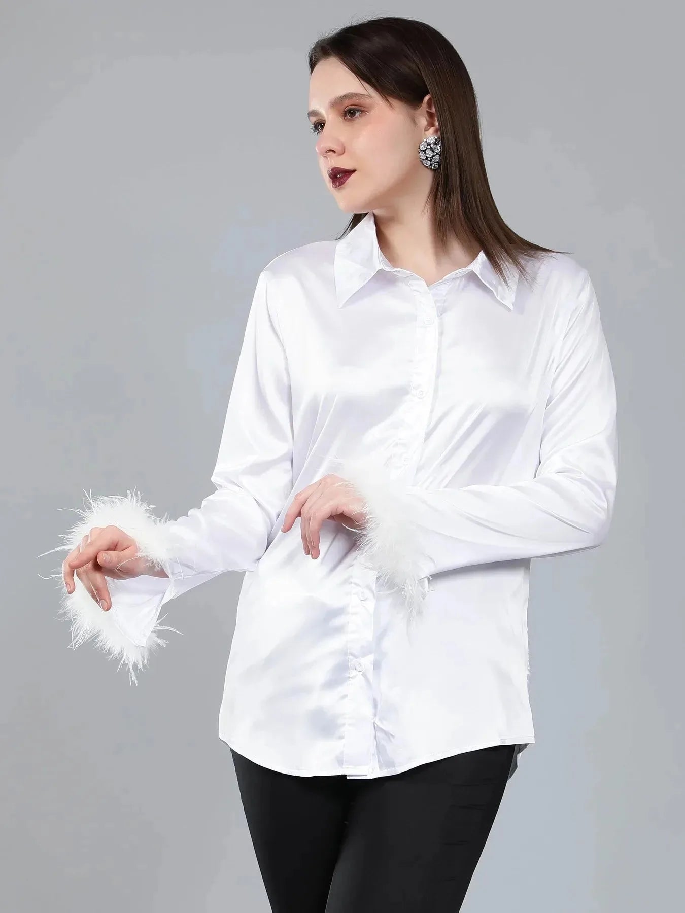 Feather Cuff Satin Shirt