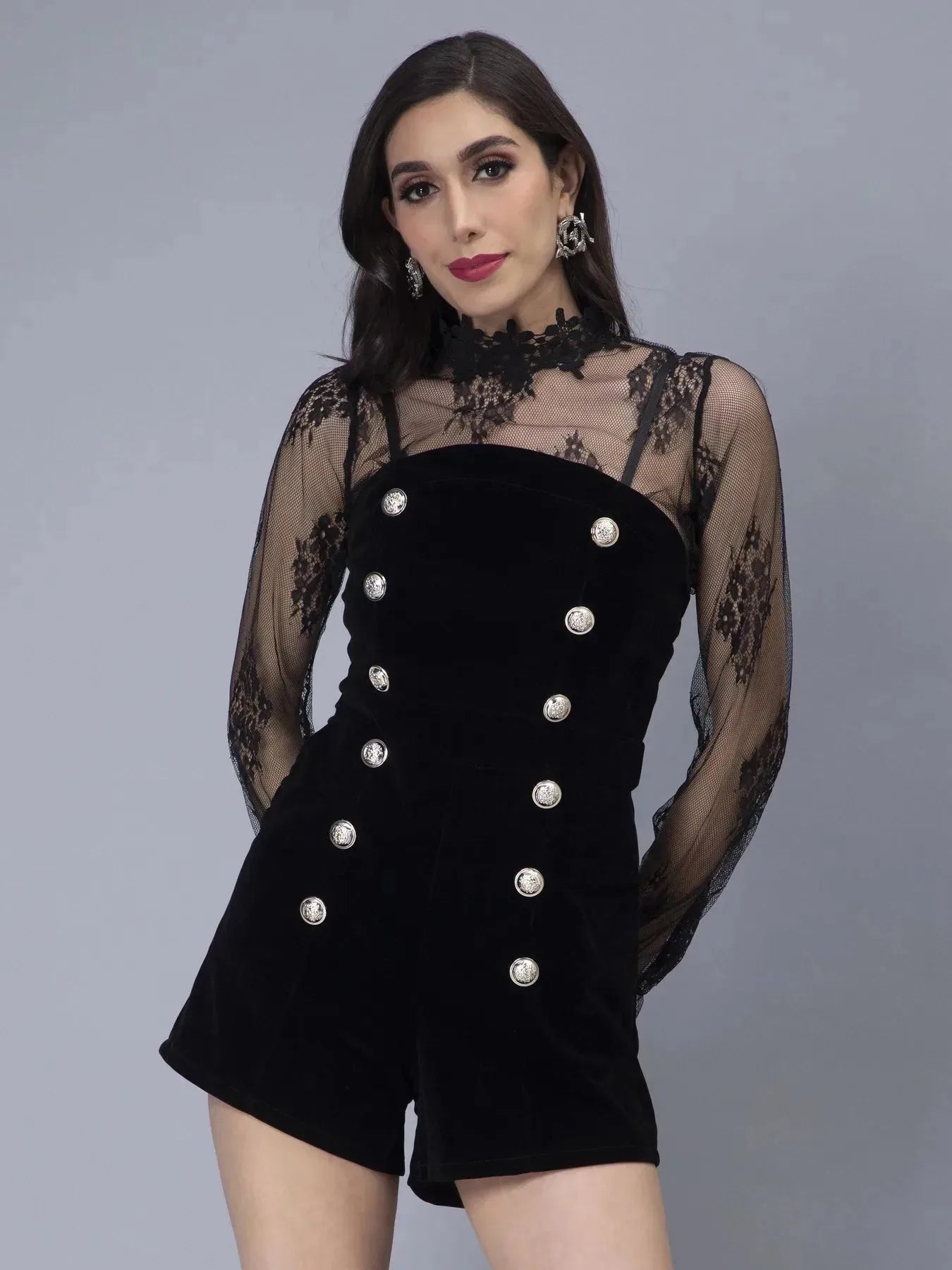 Velvet Playsuit With Lace Top