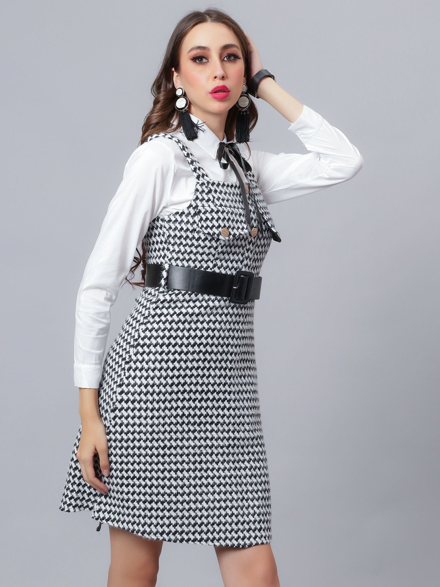 Houndstooth Tweed Suspender Dress &amp; Shirt Set