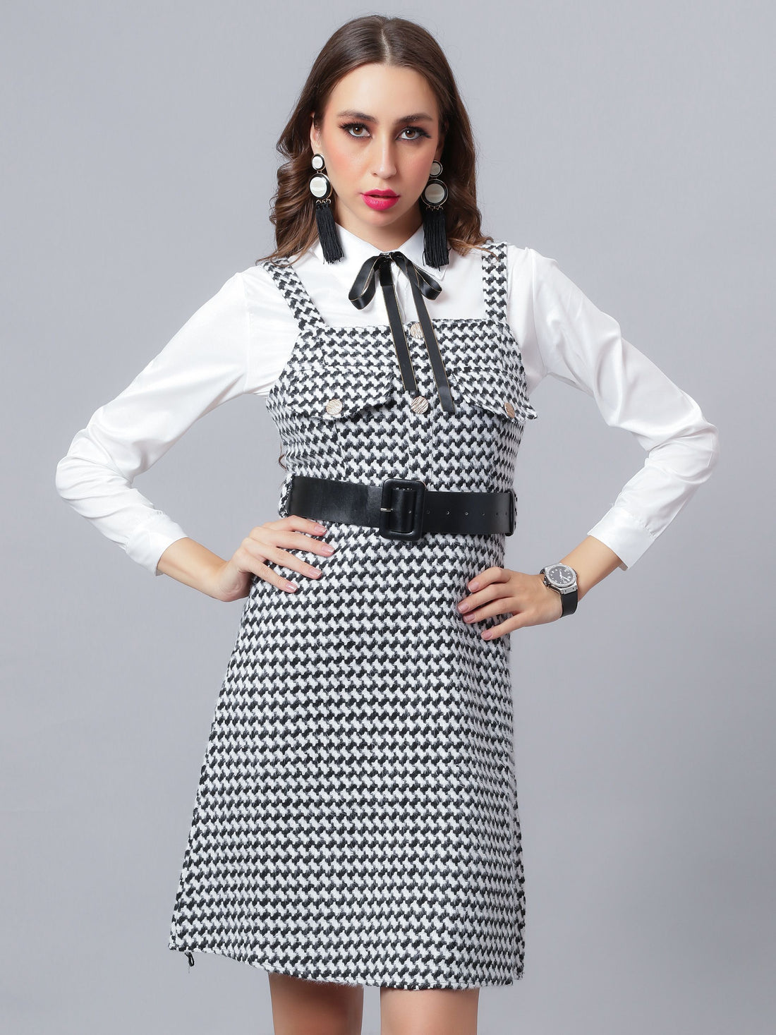 Houndstooth Tweed Suspender Dress &amp; Shirt Set