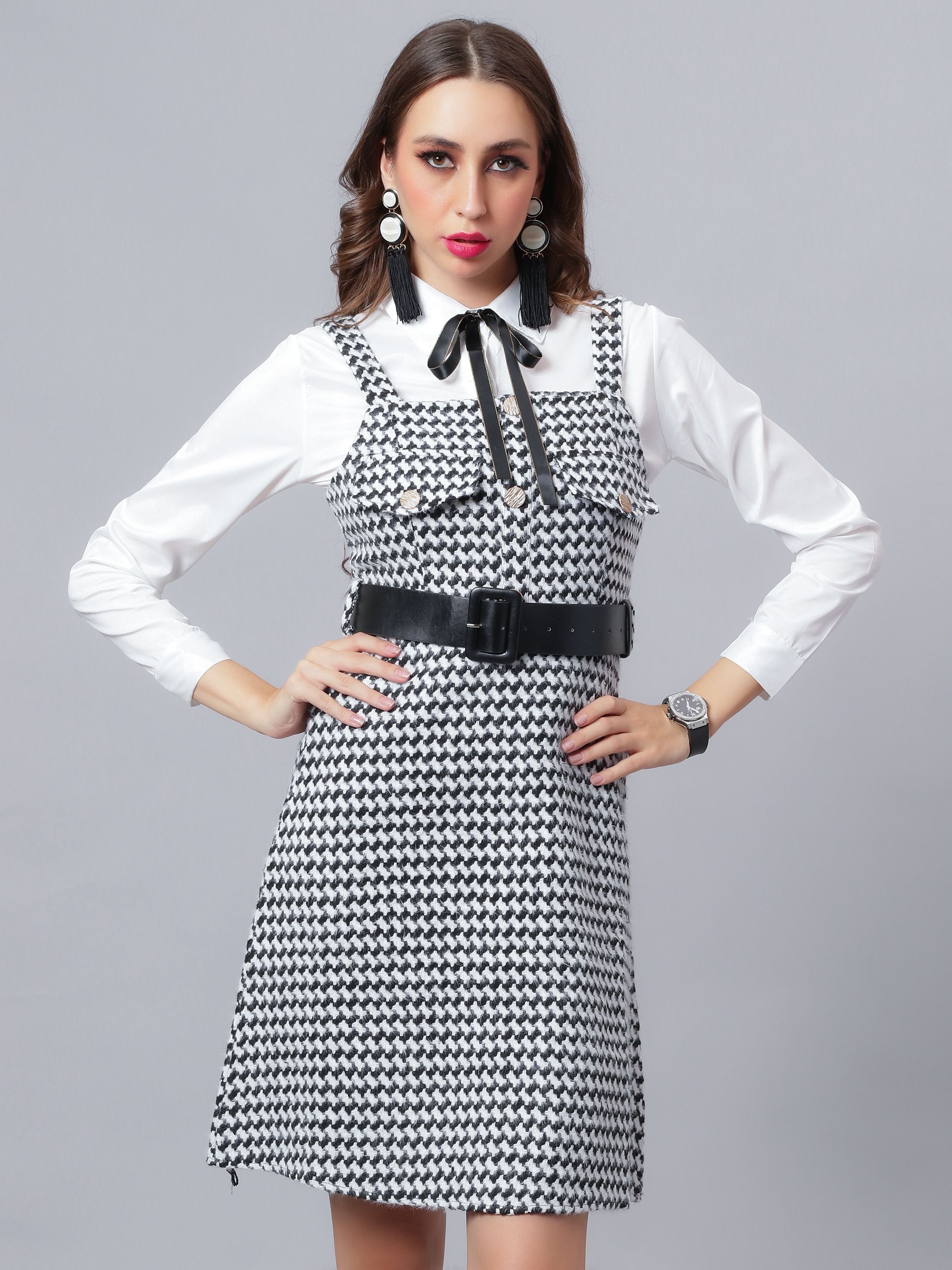 Houndstooth Tweed Suspender Dress &amp; Shirt Set