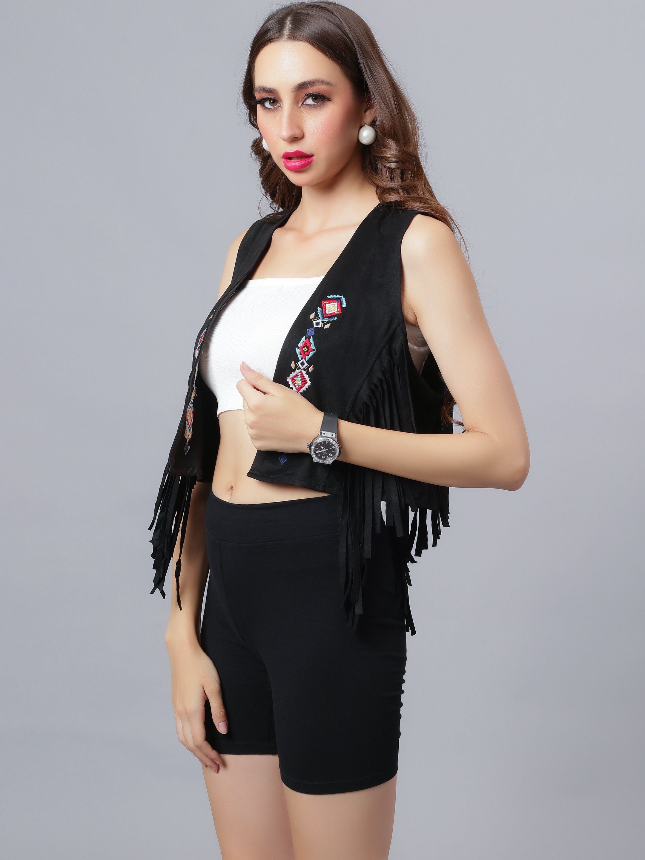 Embroidered Fringe Vest Jacket