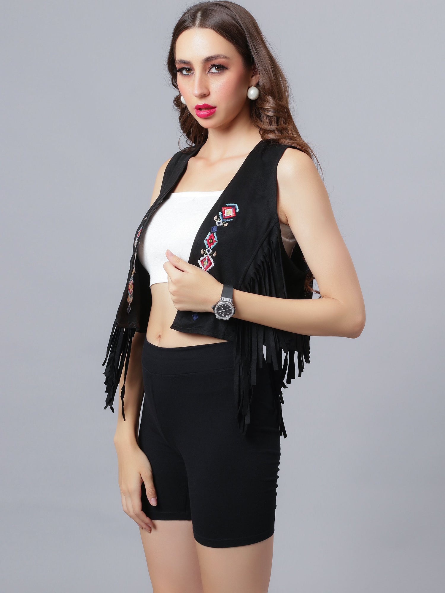 Embroidered Fringe Vest Jacket