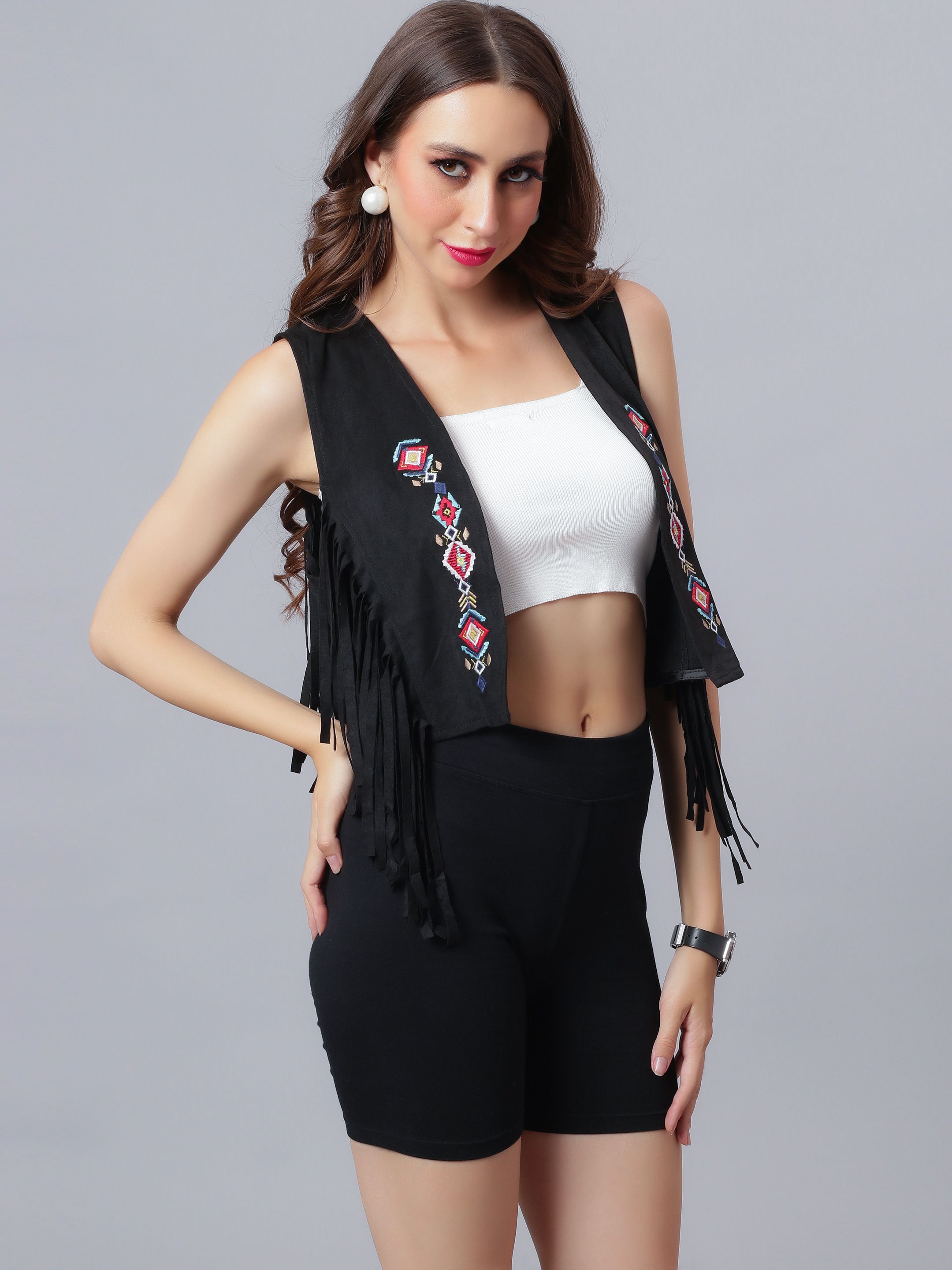 Embroidered Fringe Vest Jacket