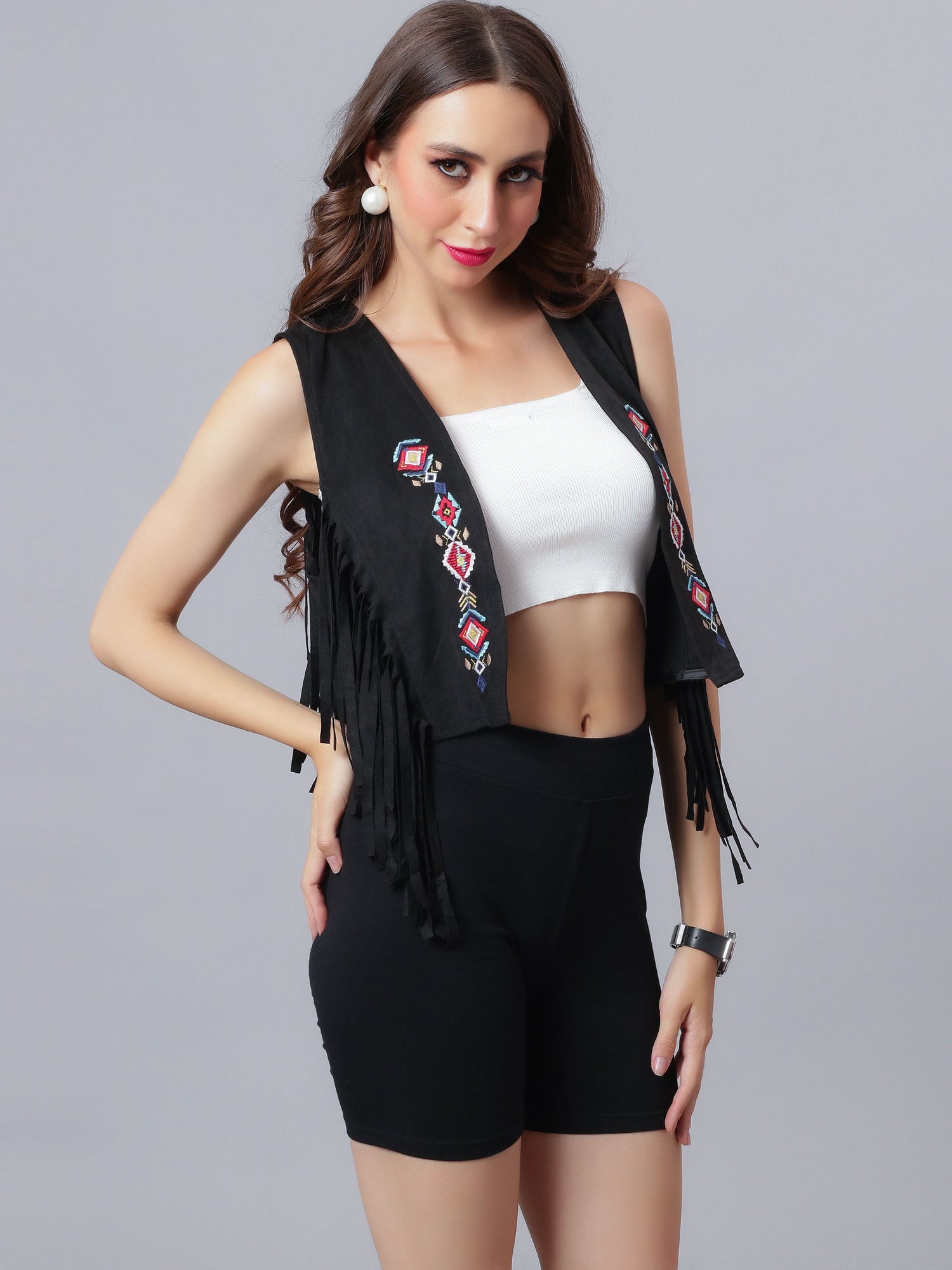 Embroidered Fringe Vest Jacket