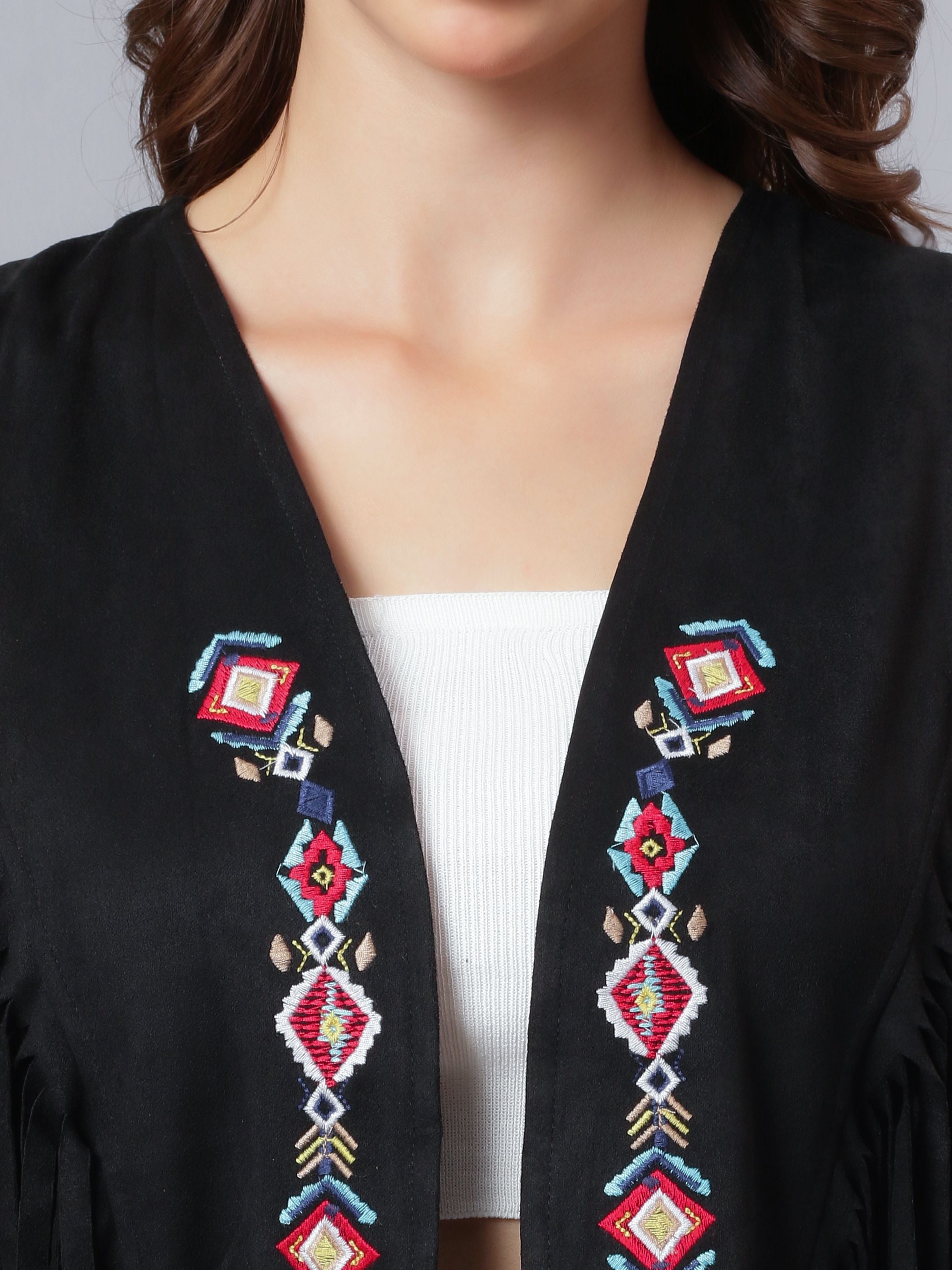 Embroidered Fringe Vest Jacket