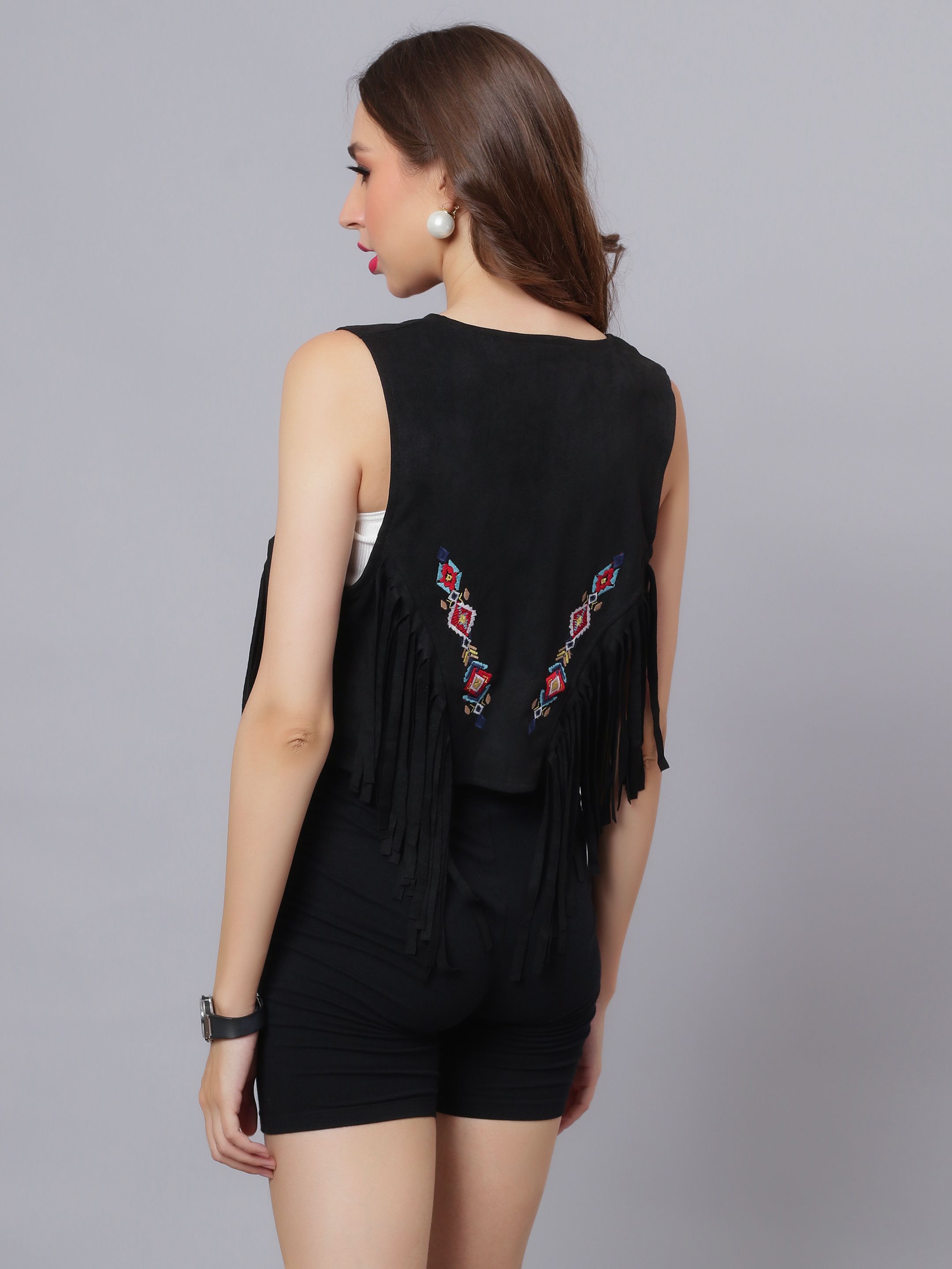 Embroidered Fringe Vest Jacket