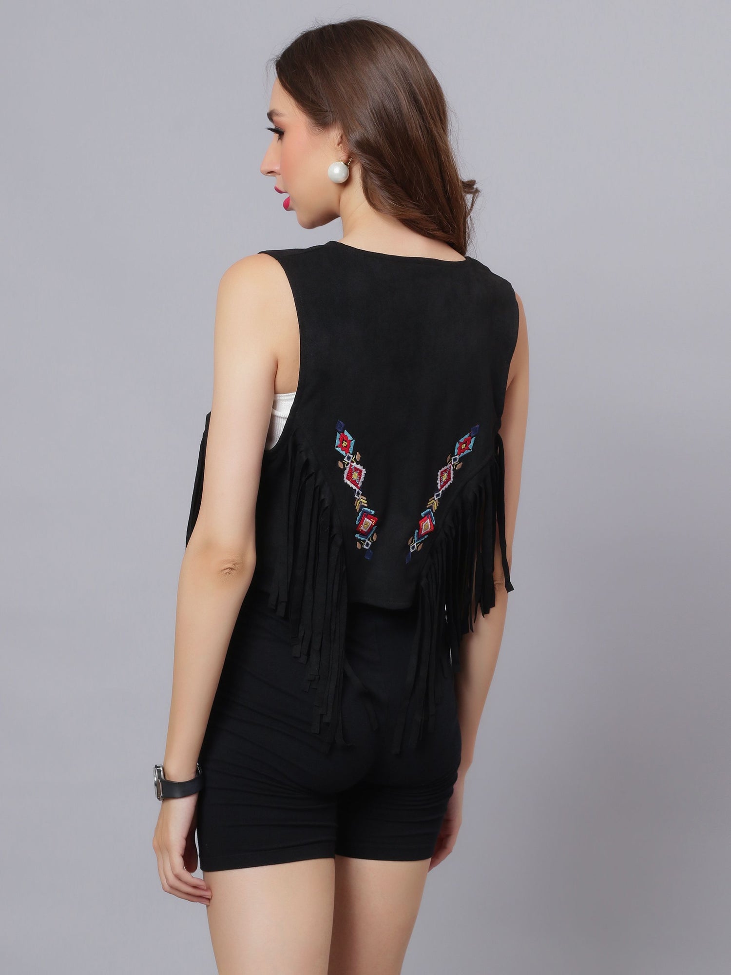 Embroidered Fringe Vest Jacket