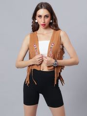 Embroidered Fringe Vest Jacket