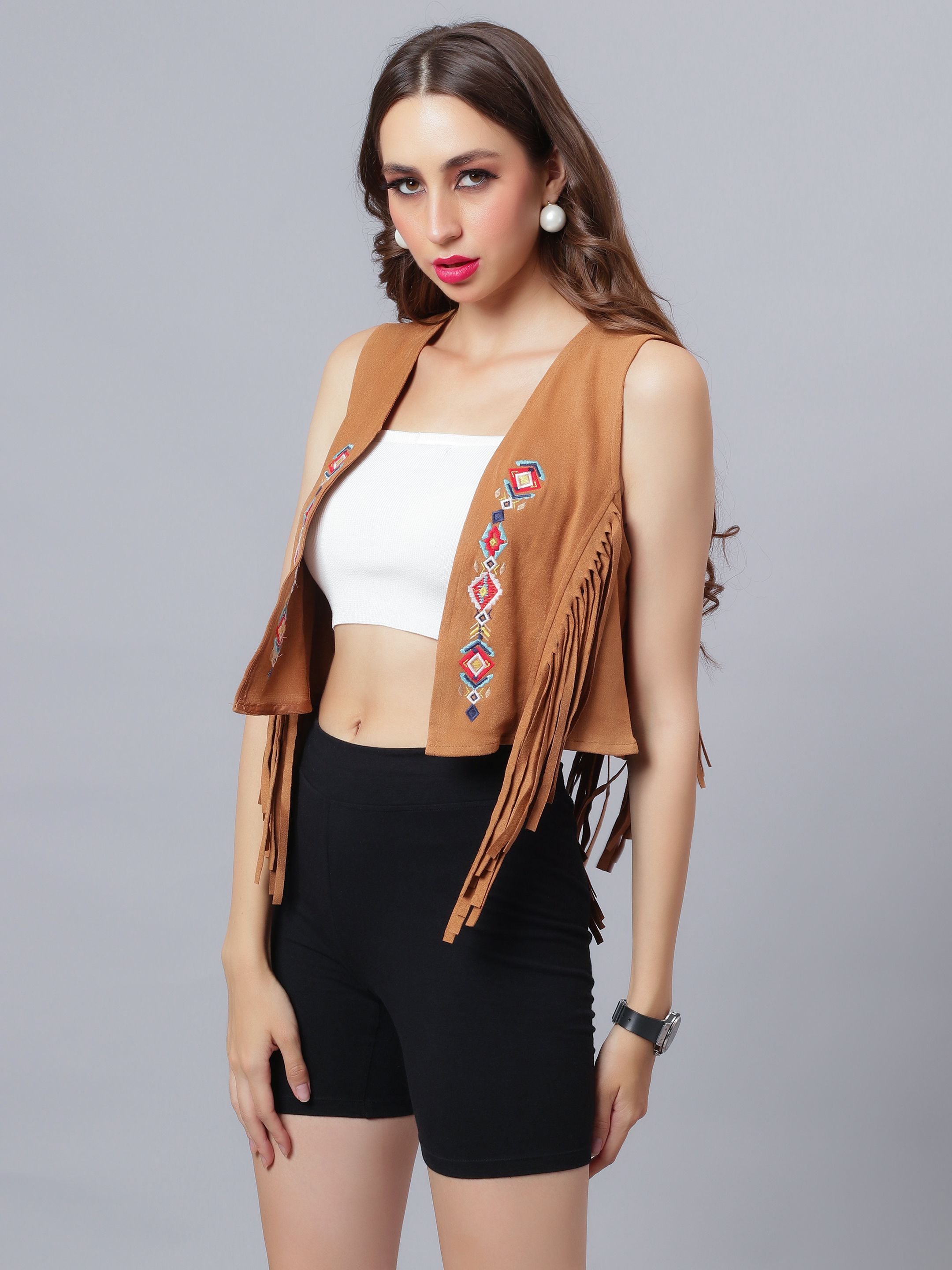 Embroidered Fringe Vest Jacket