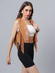 Embroidered Fringe Vest Jacket