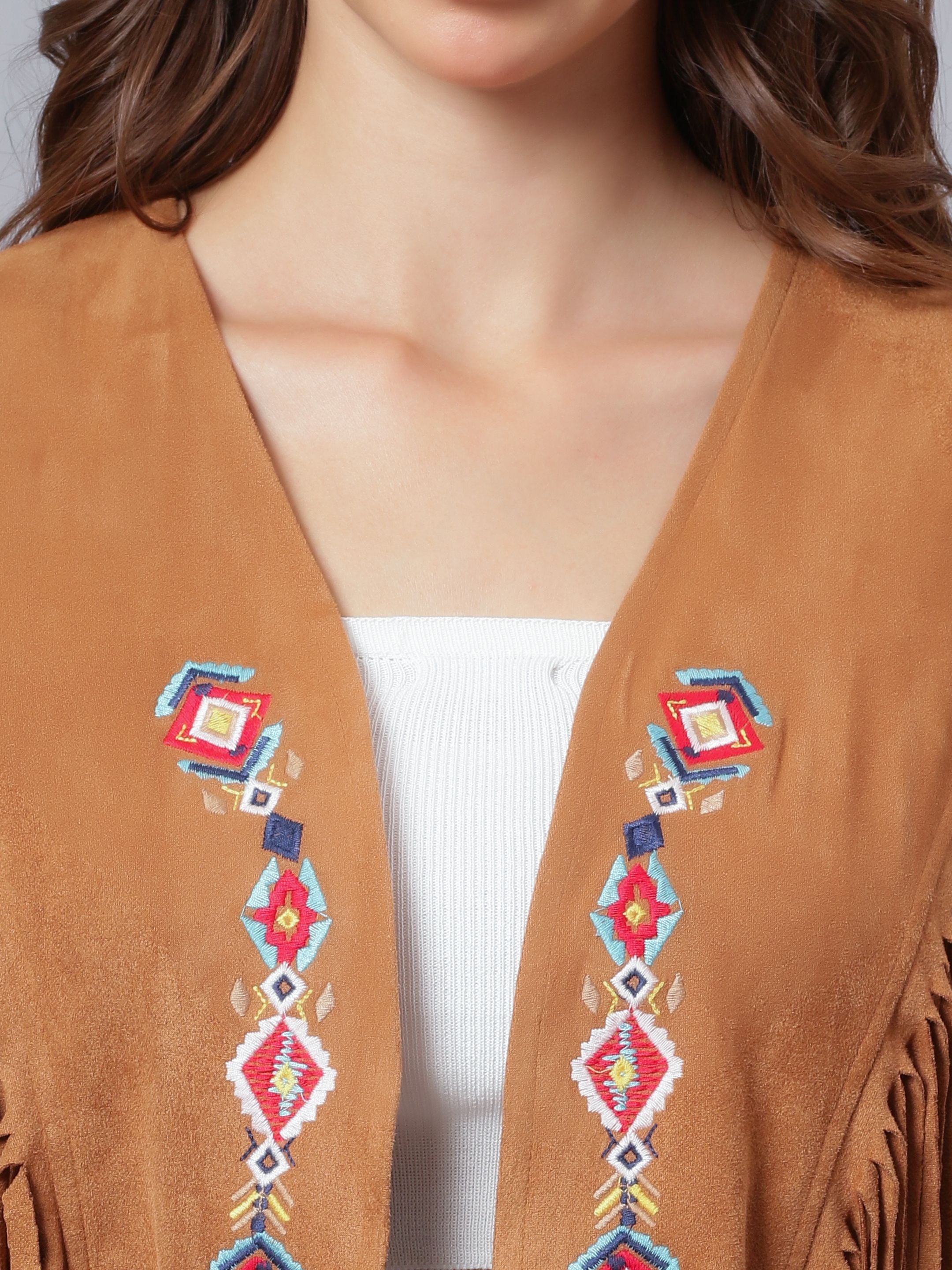 Embroidered Fringe Vest Jacket