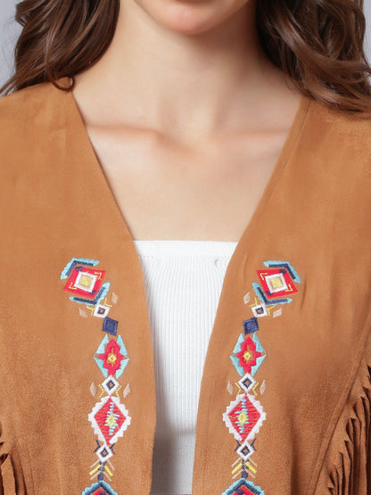 Embroidered Fringe Vest Jacket