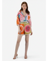 ANNYS colorful graphic print two-piece set with sun and face motifs, featuring a button-up shirt and shorts with lace trim.