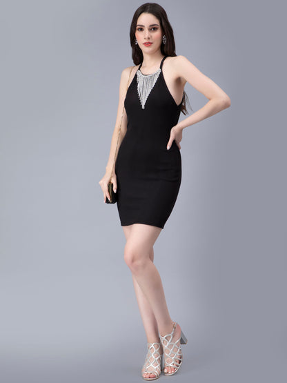 Halter Rhinestone Fringes Necklace Dress