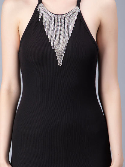 Halter Rhinestone Fringes Necklace Dress