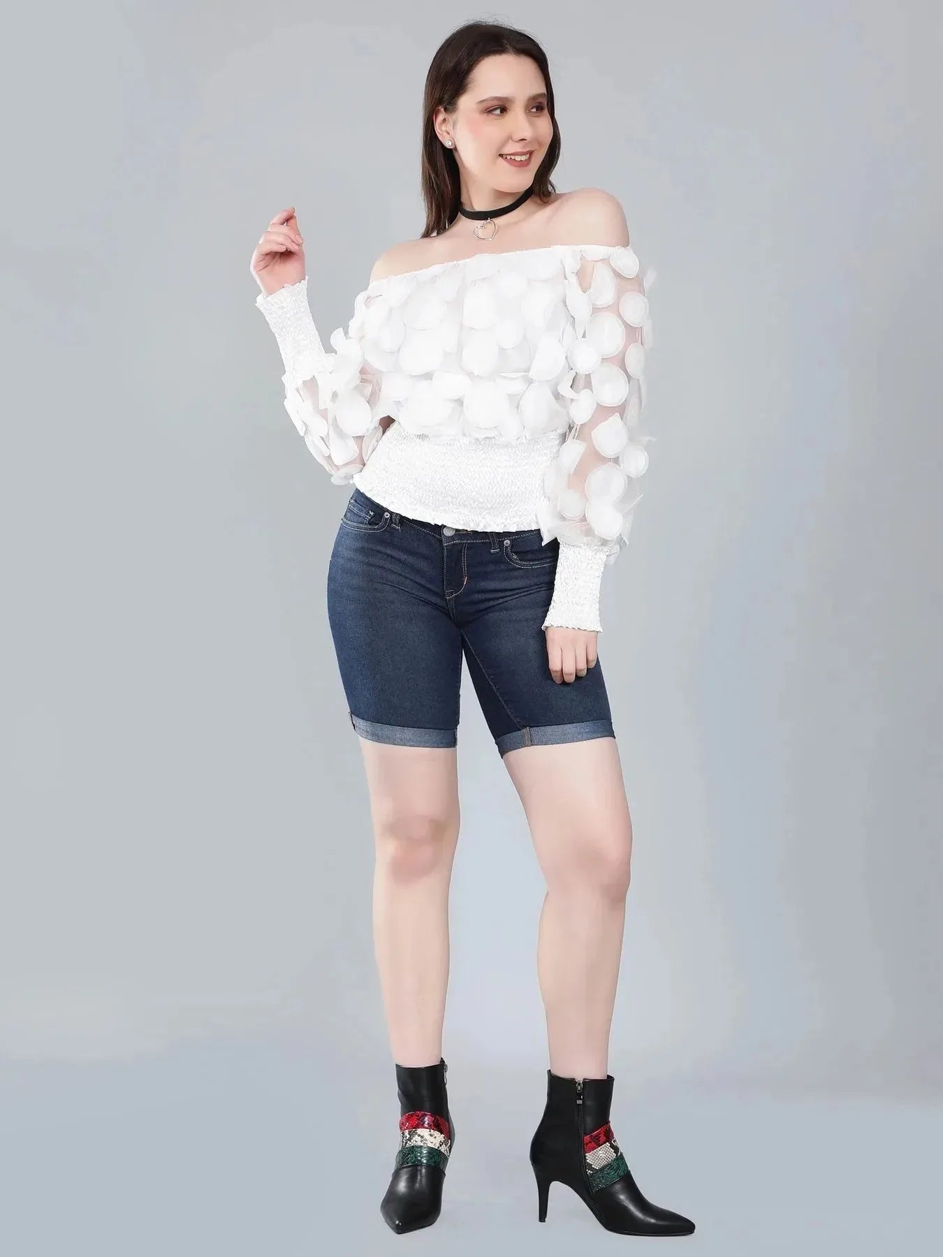 Lantern Sleeve Mesh Ruched Blouse