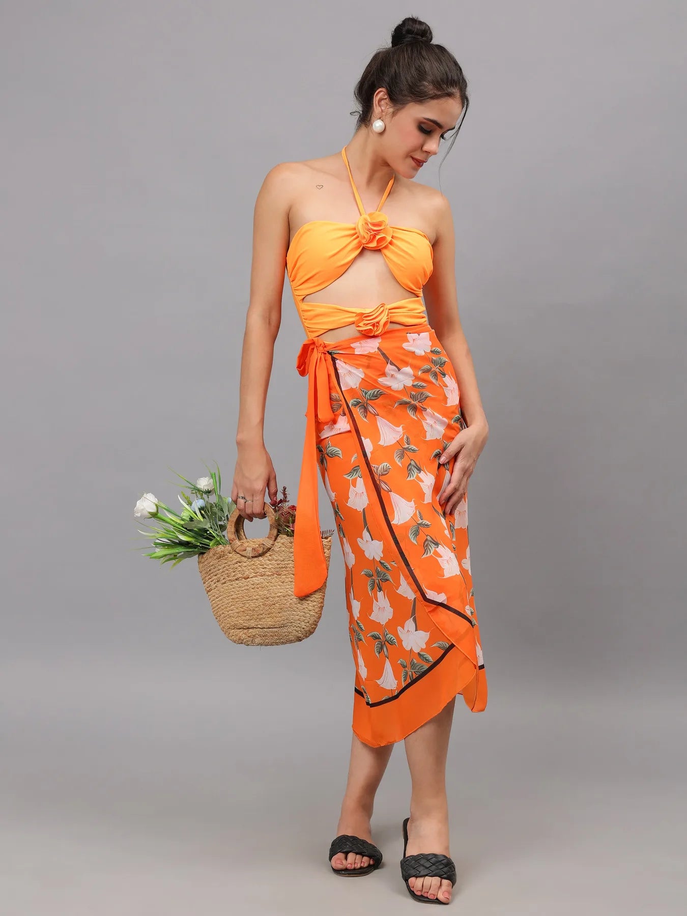 Halter Cut Out Monokini With Sarong