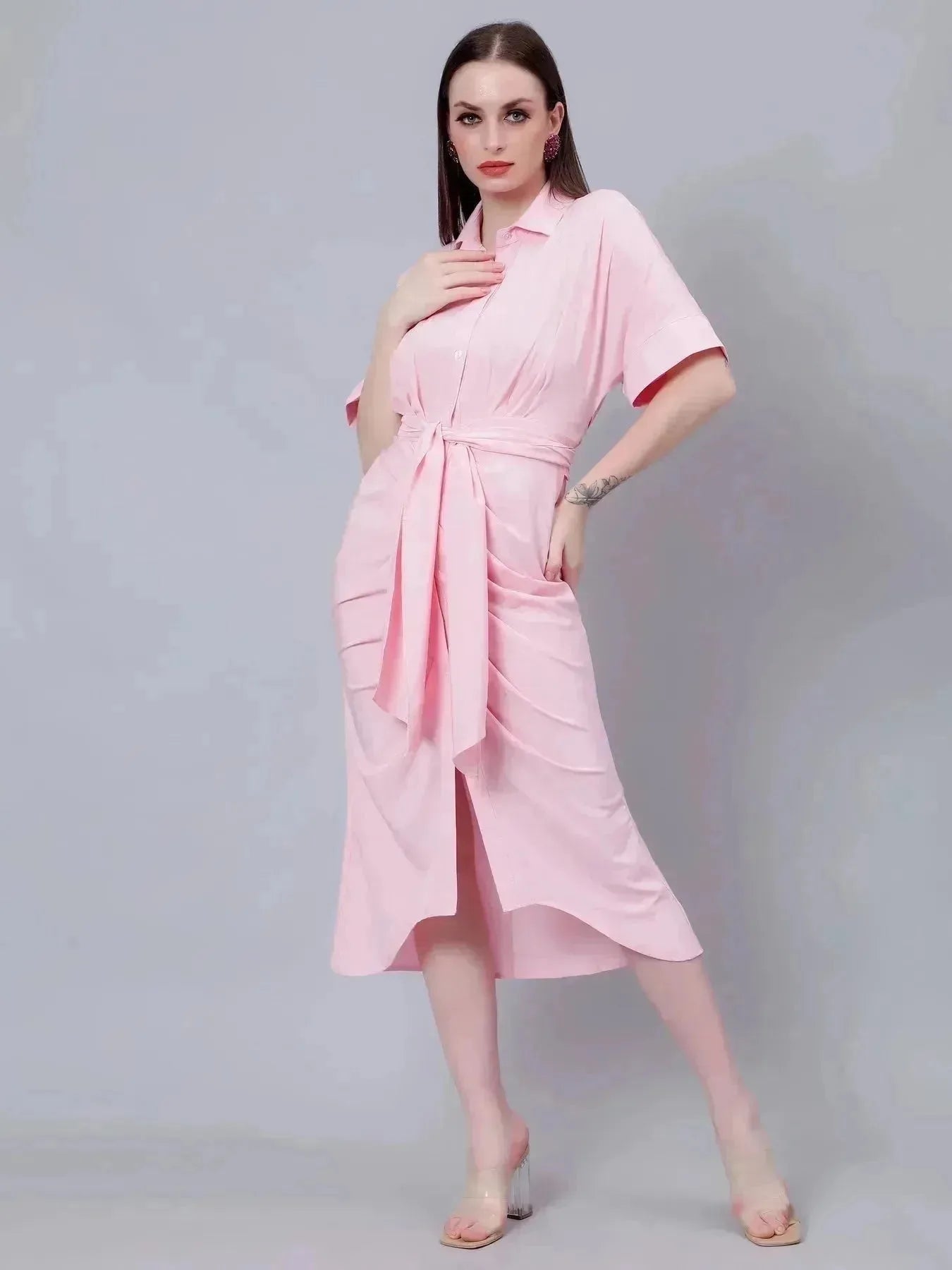 Cinched Waist Belted Shirt Dress