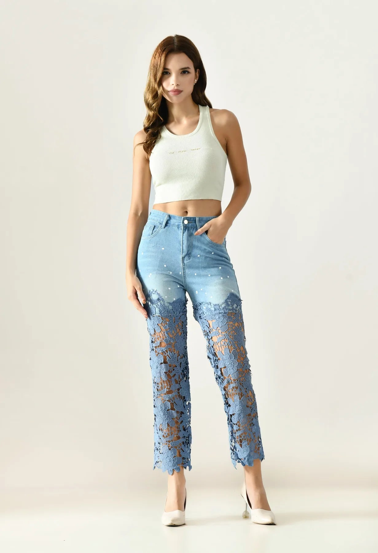 Artistic Lace Denim Jeans