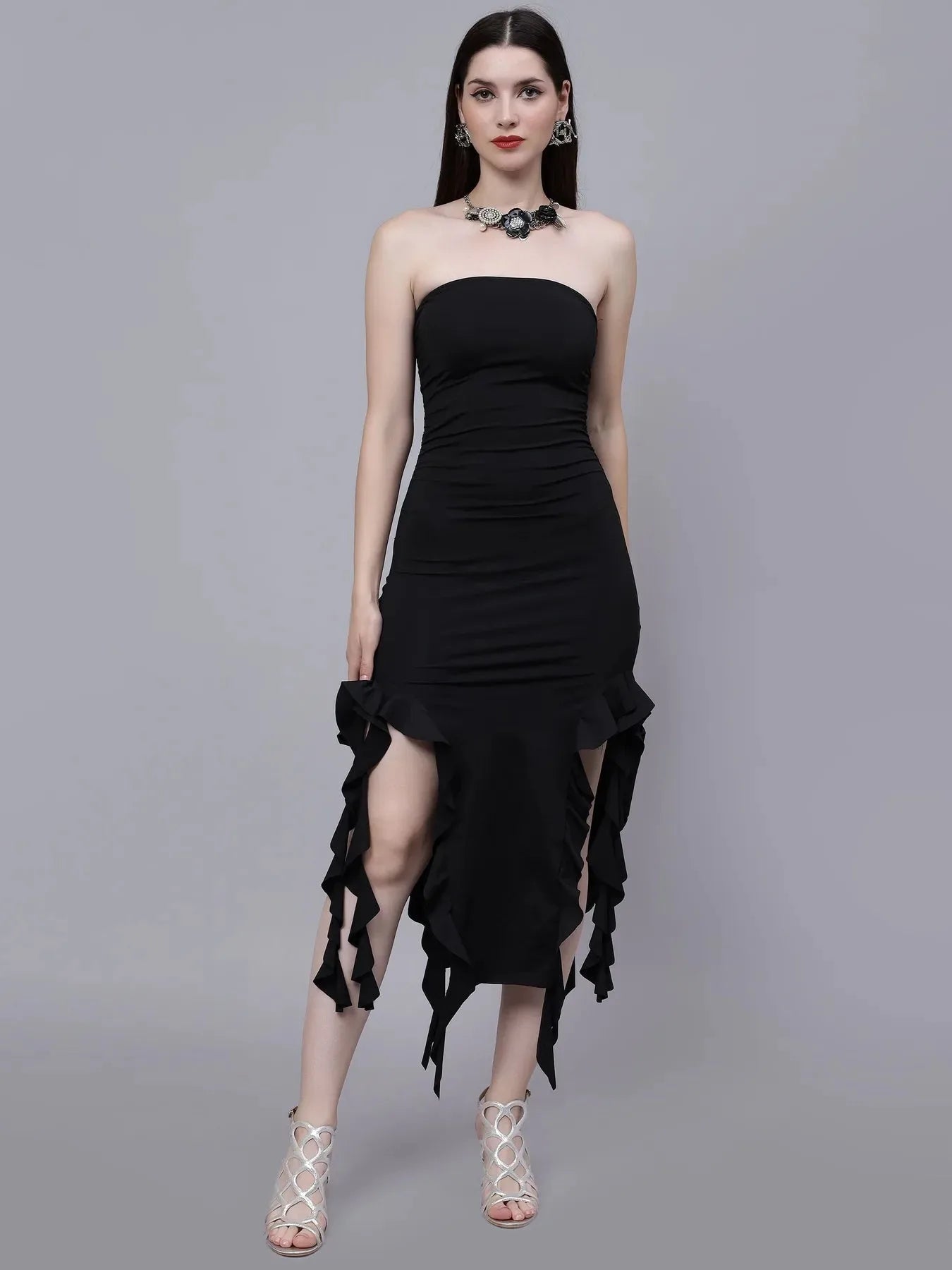 Ruffle Trim Split Thigh Tube Dress