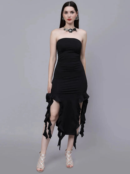 Ruffle Trim Split Thigh Tube Dress