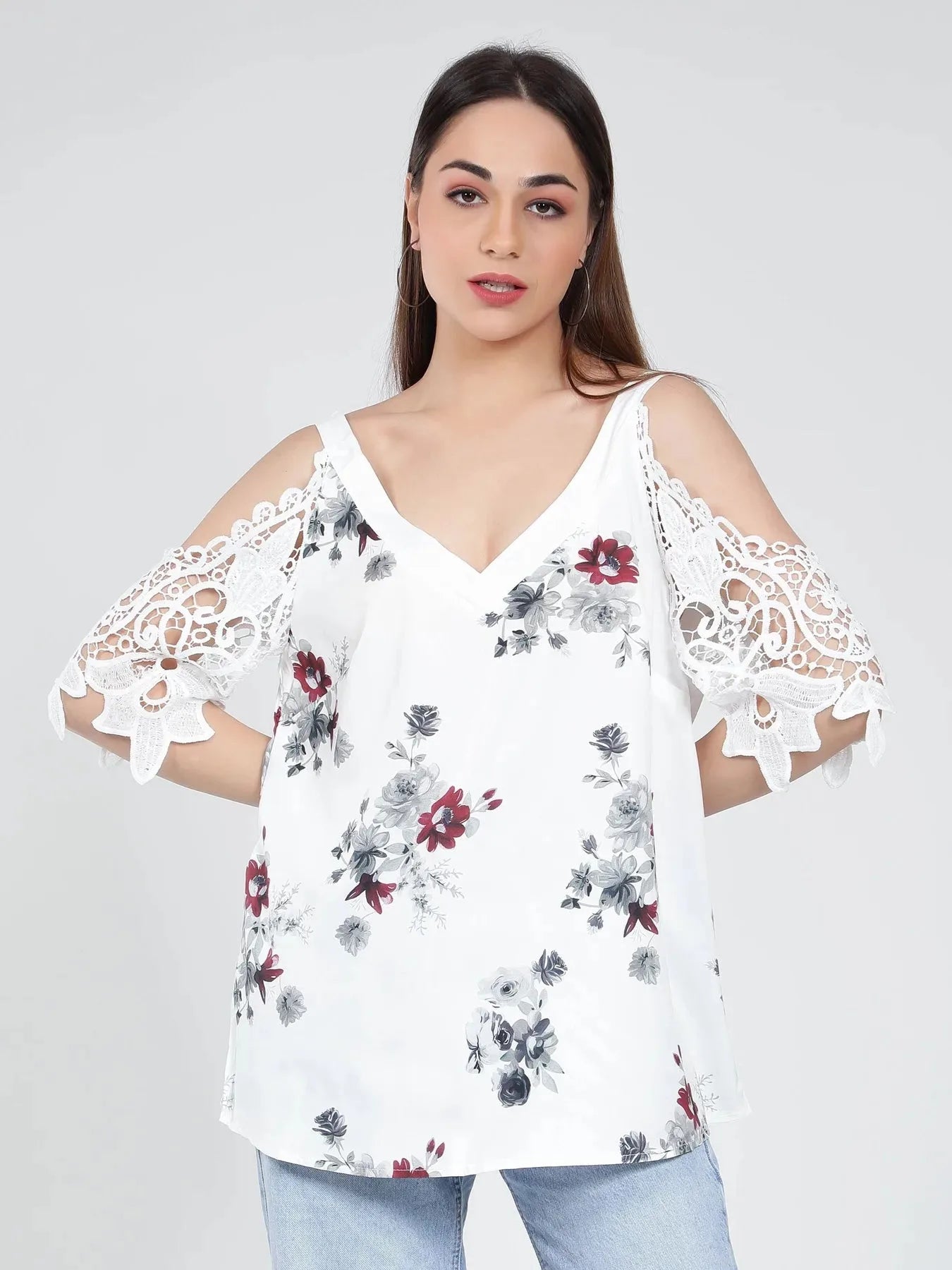 Cold Shoulder Lace Sleeves Blouse