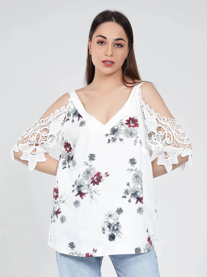 Cold Shoulder Lace Sleeves Blouse