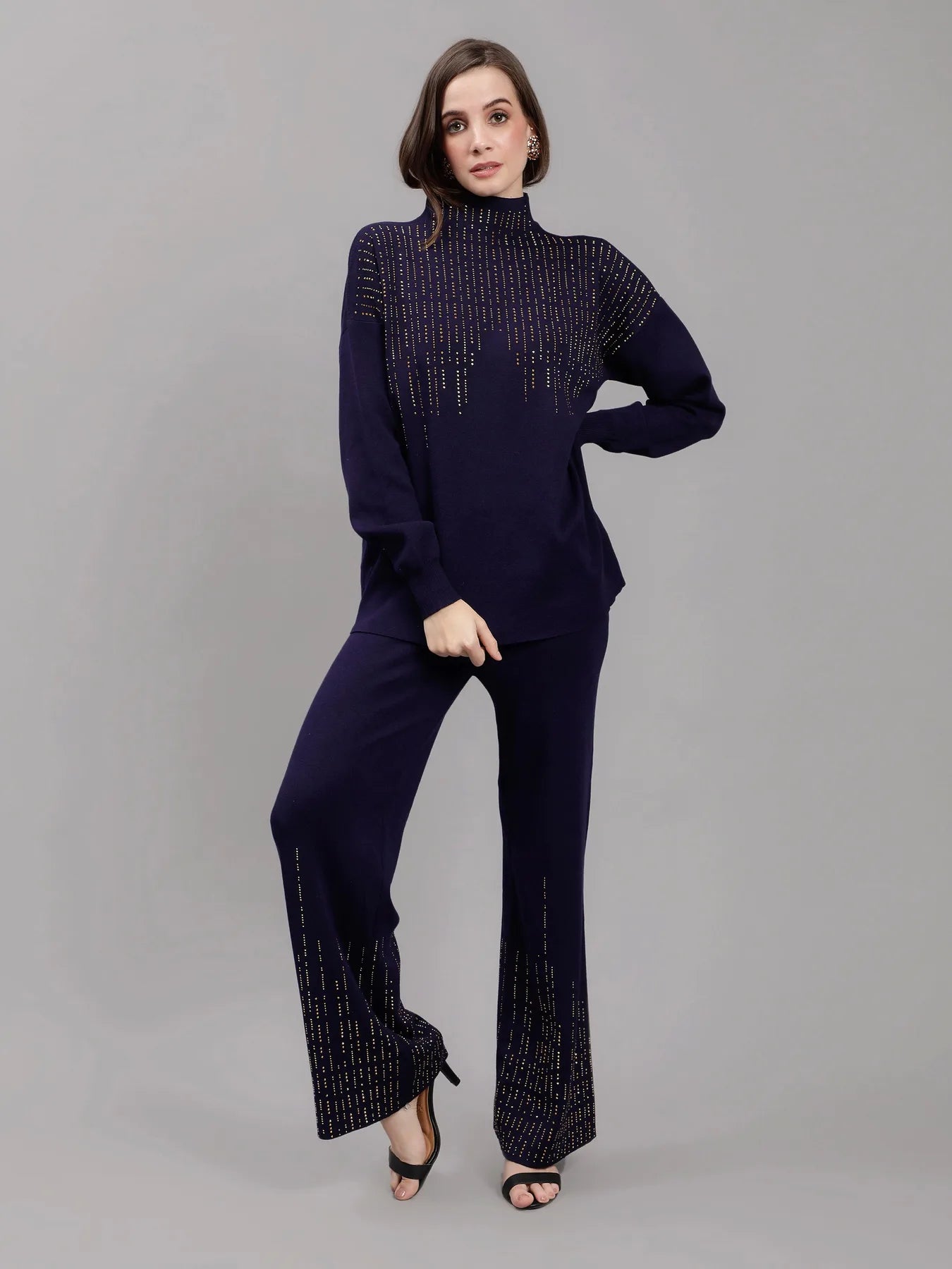 Metallic Rhinestone Knitted Two Piece Set