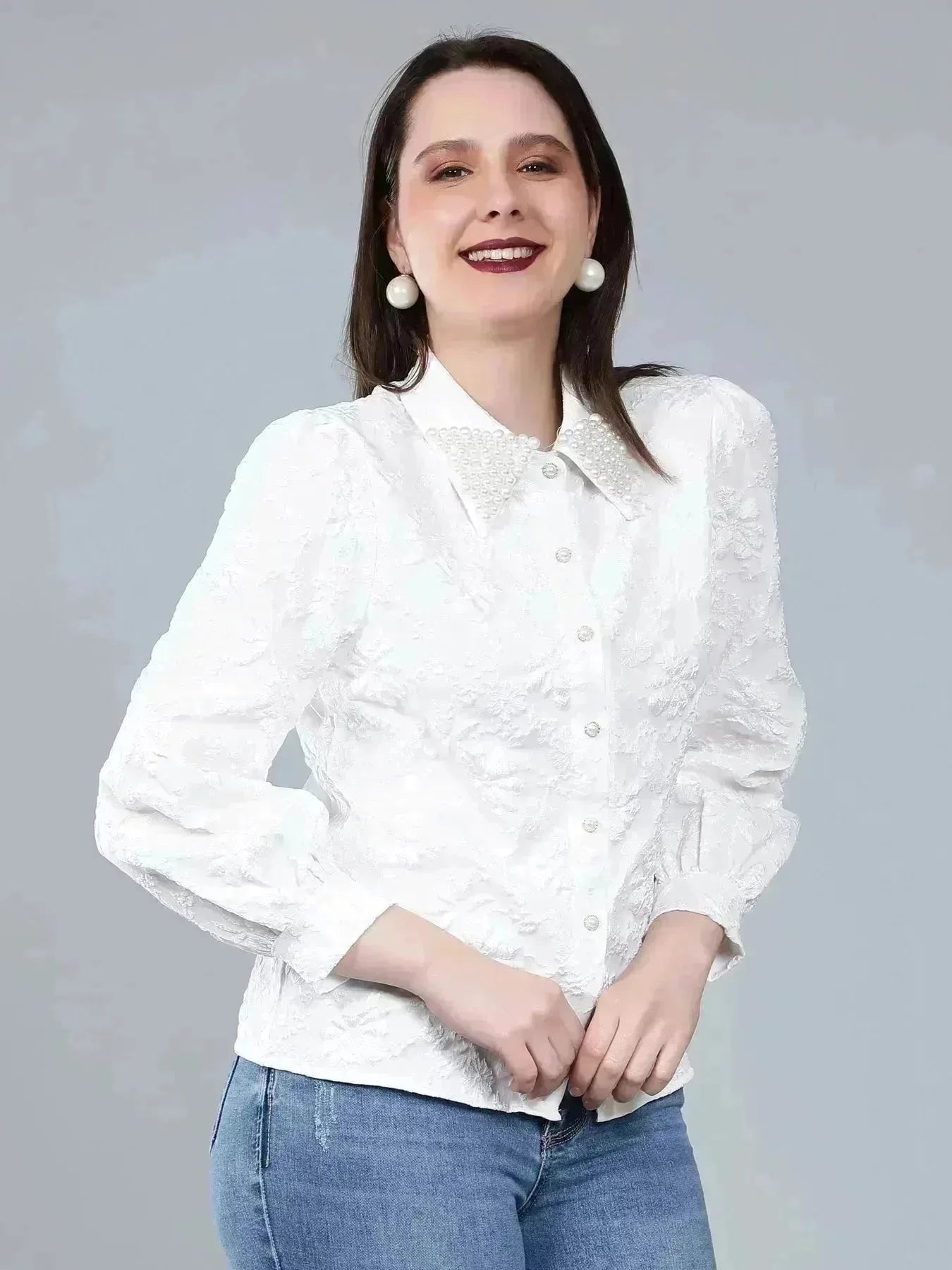Pearl Beading Jacquard Shirt