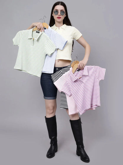 Cotton Striped Polo Neck T-Shirt