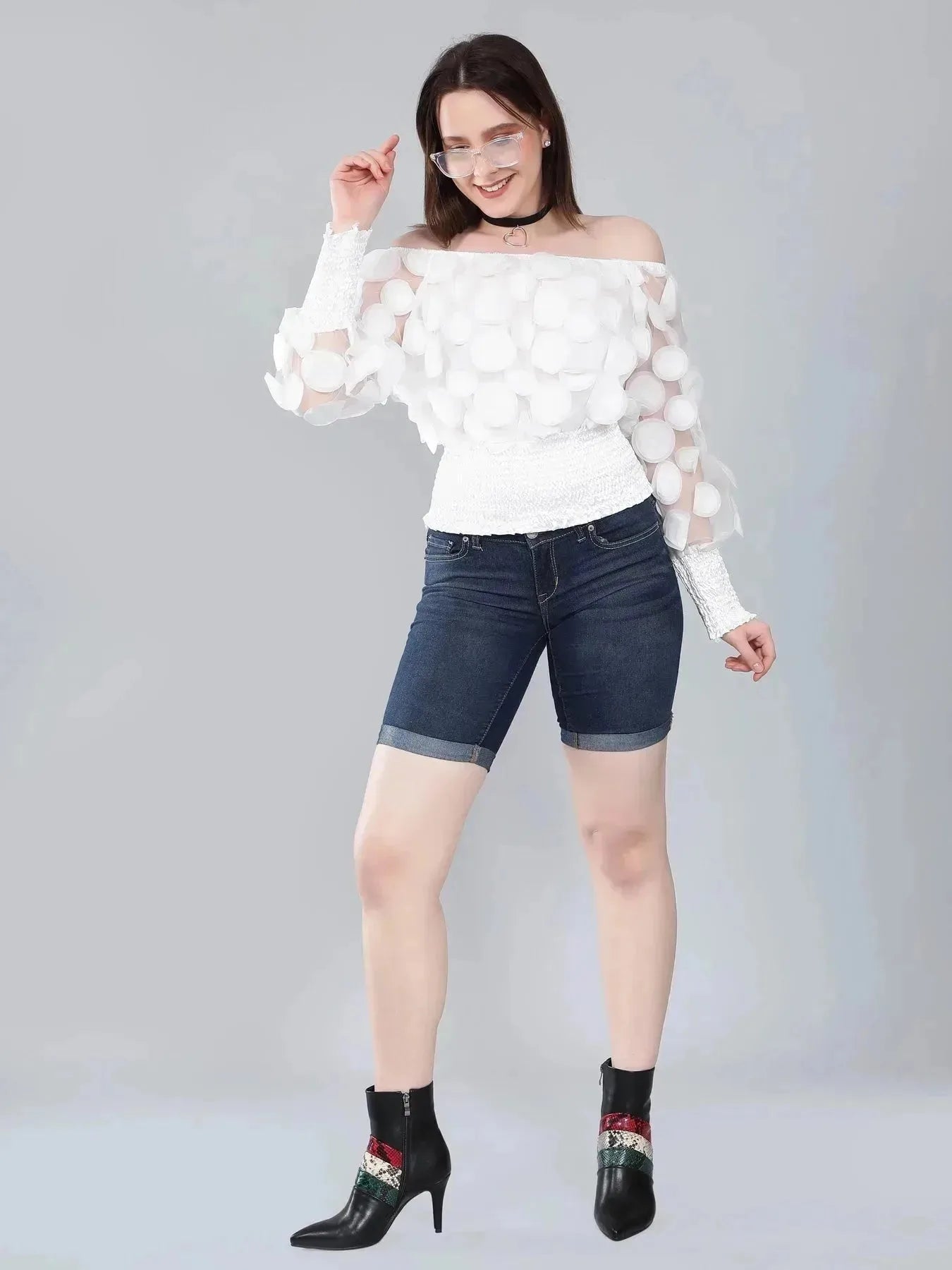 Lantern Sleeve Mesh Ruched Blouse