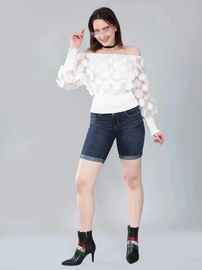 Lantern Sleeve Mesh Ruched Blouse