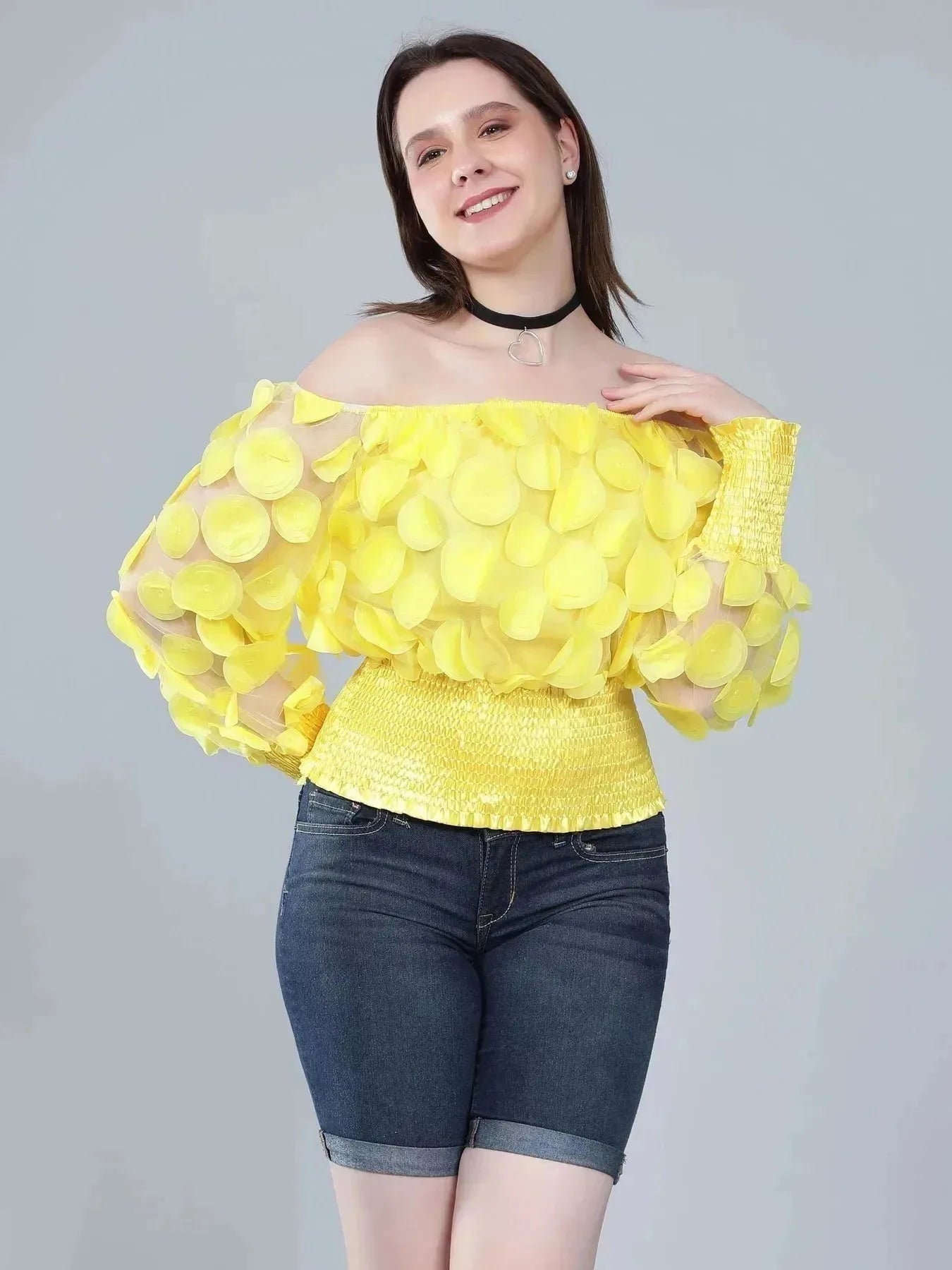 Lantern Sleeve Mesh Ruched Blouse