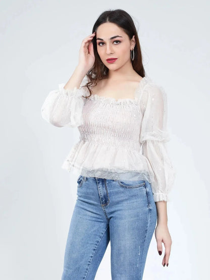 Tulle Smocking Glitter Top