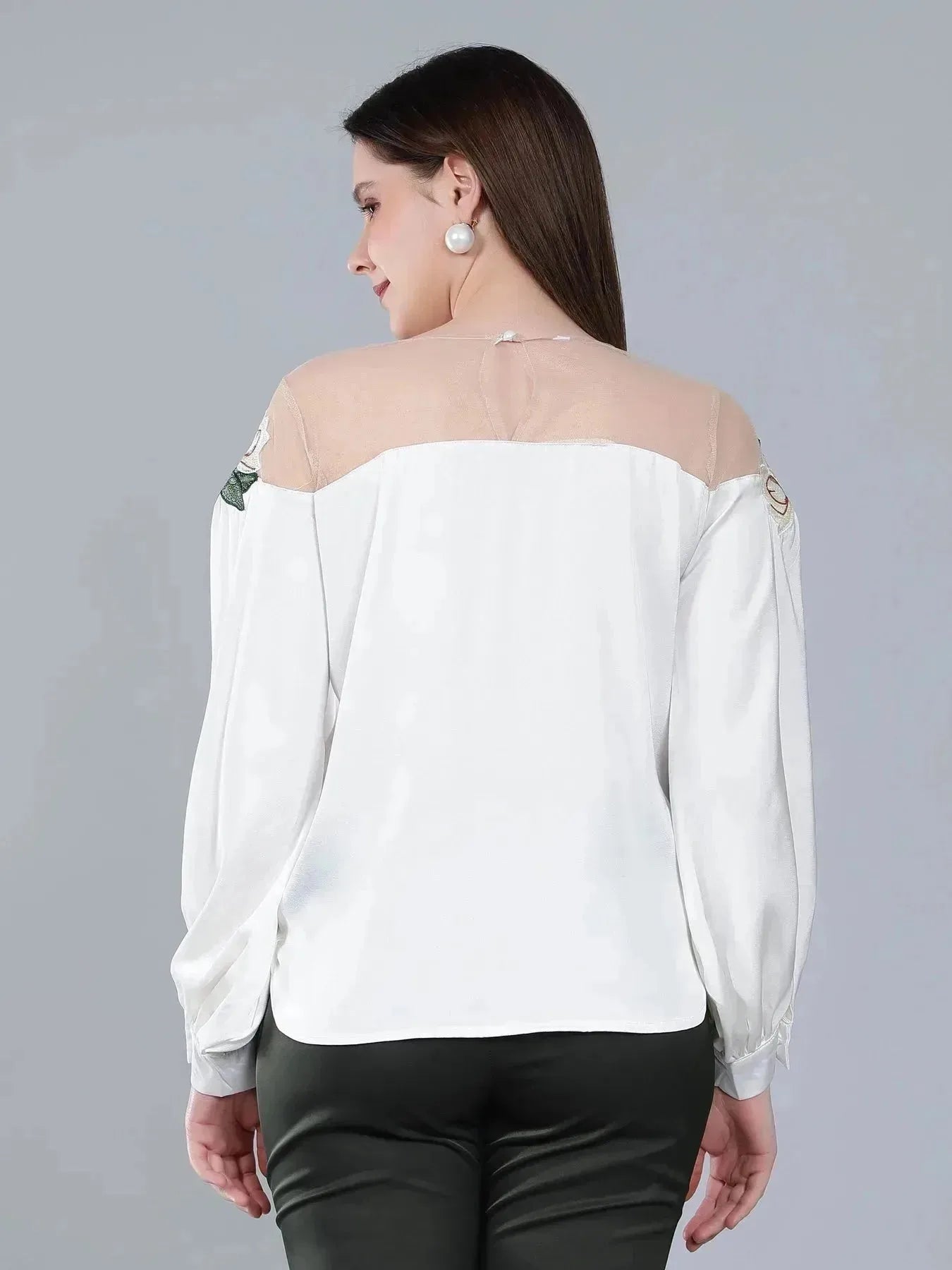 Flower Embroidery Satin Blouse