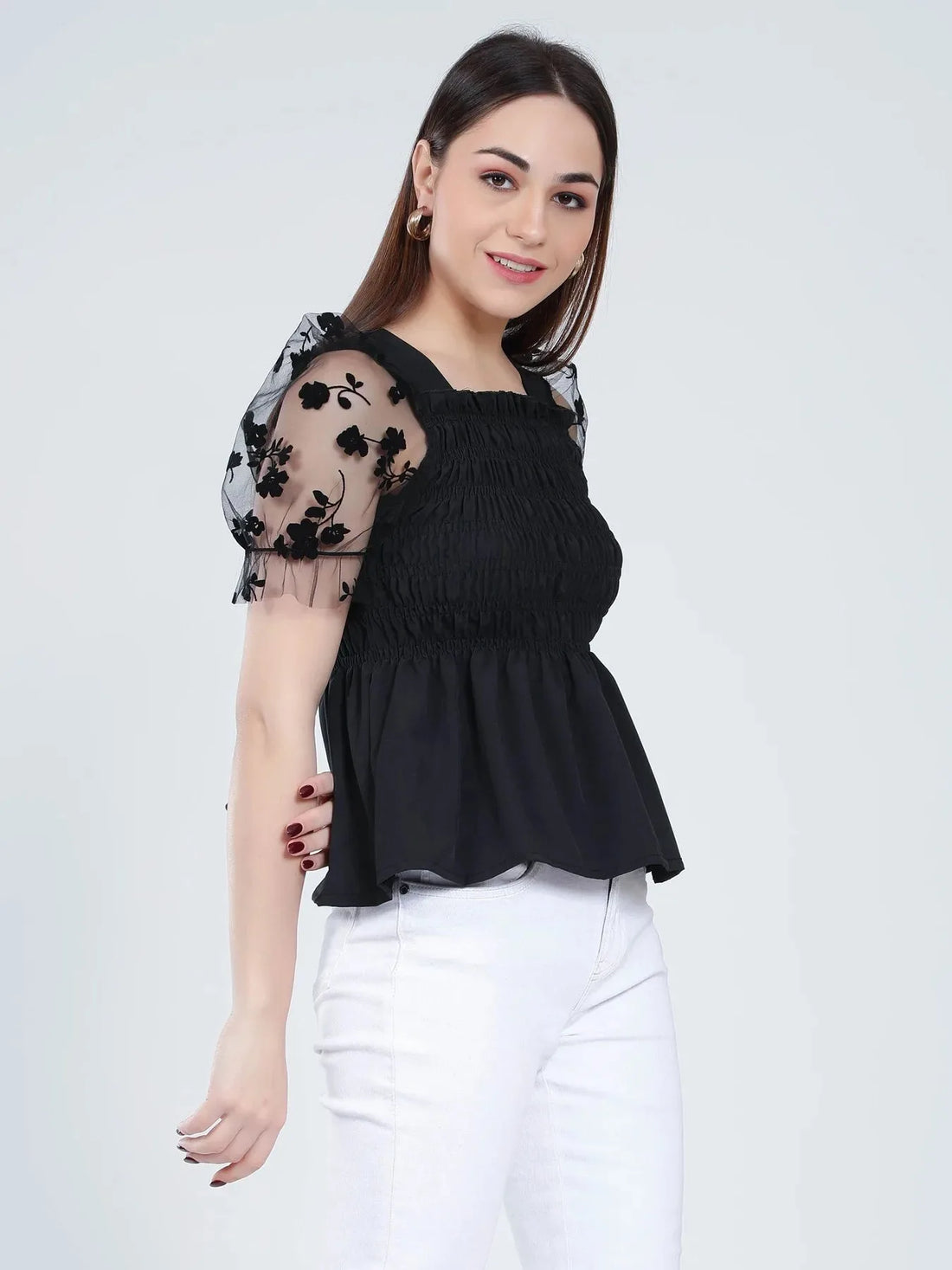 Flock Print Tulle Sleeves Smocking Top