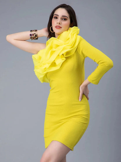 One Shoulder Ruffle Rib Knit Dress