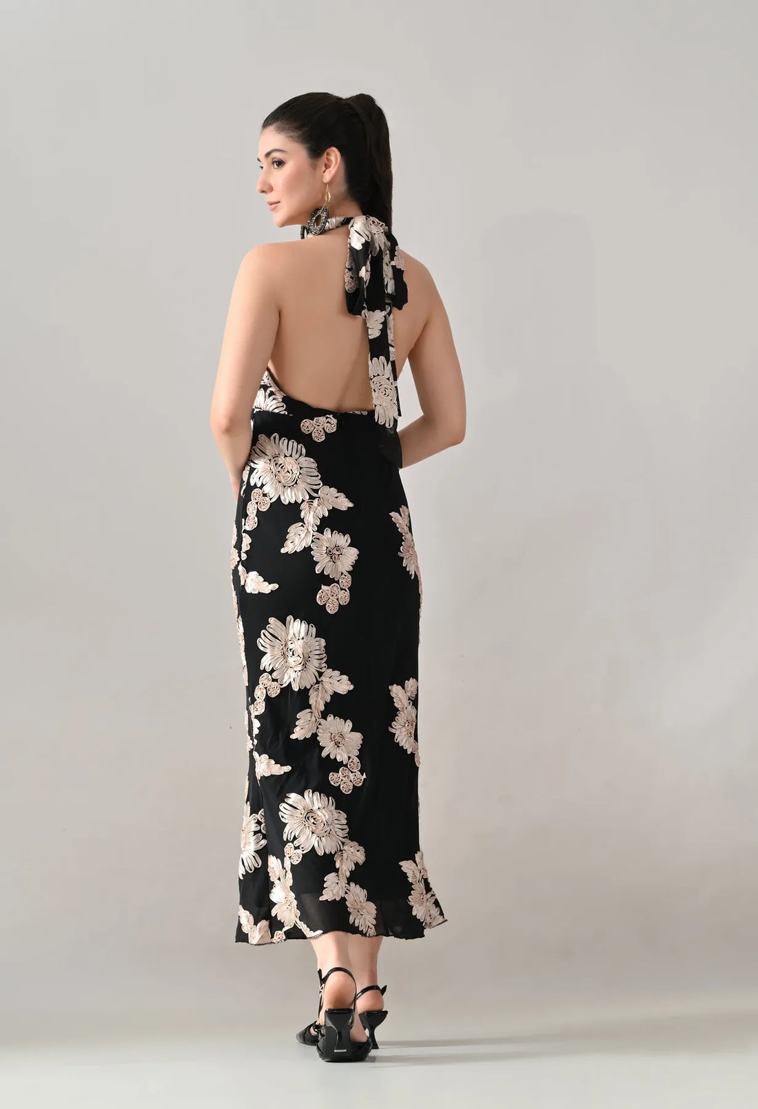 Midnight Bloom Halter Maxi Dress