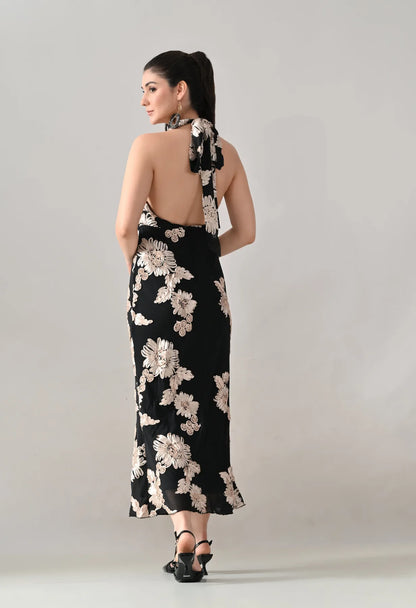 Midnight Bloom Halter Maxi Dress
