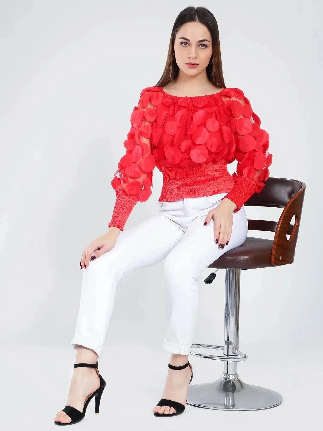 Lantern Sleeve Mesh Ruched Blouse
