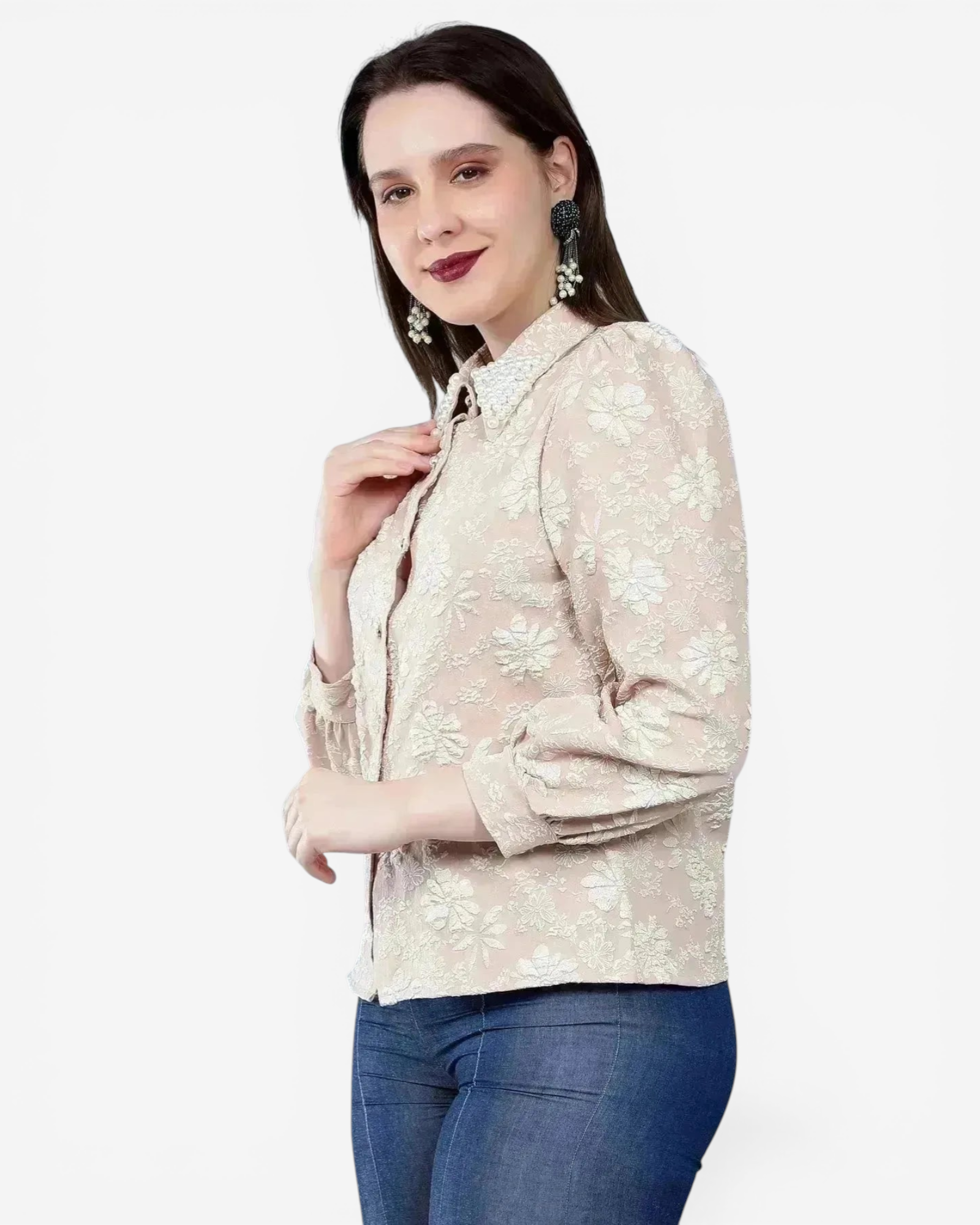 Pearl Beading Jacquard Shirt