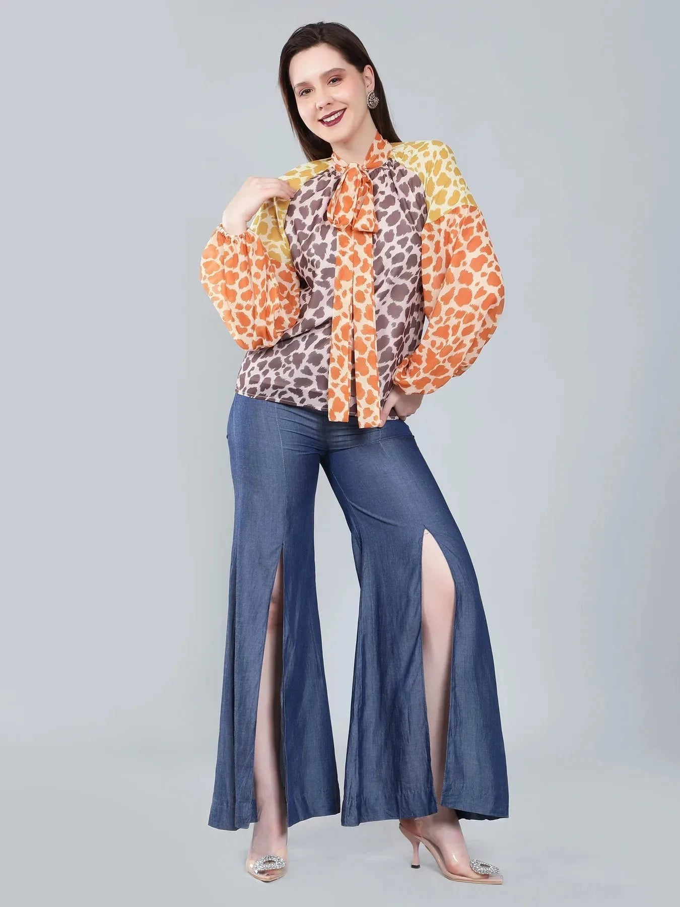 Leopard Print Colorblock Tie Neck Blouse