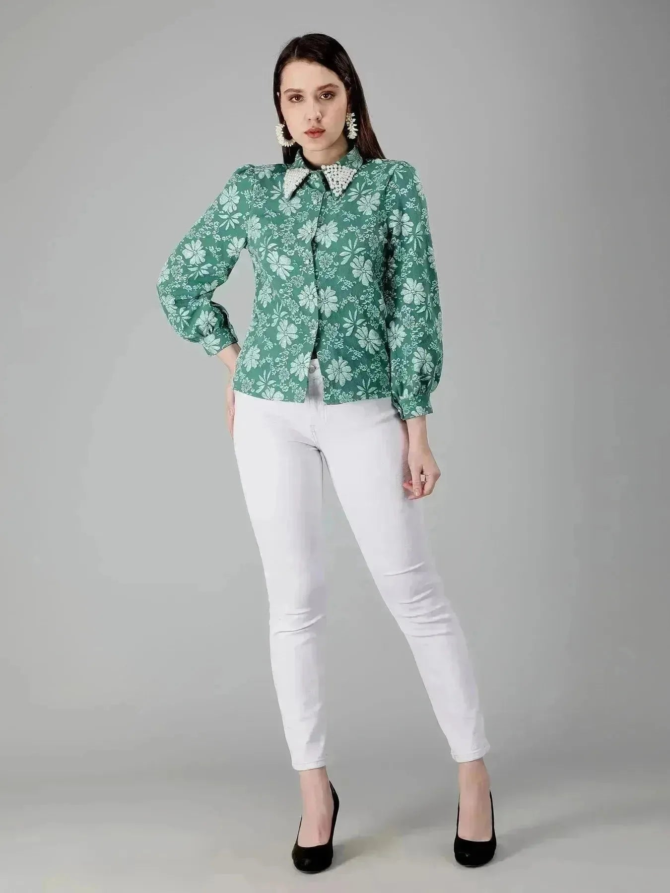 Pearl Beading Jacquard Shirt
