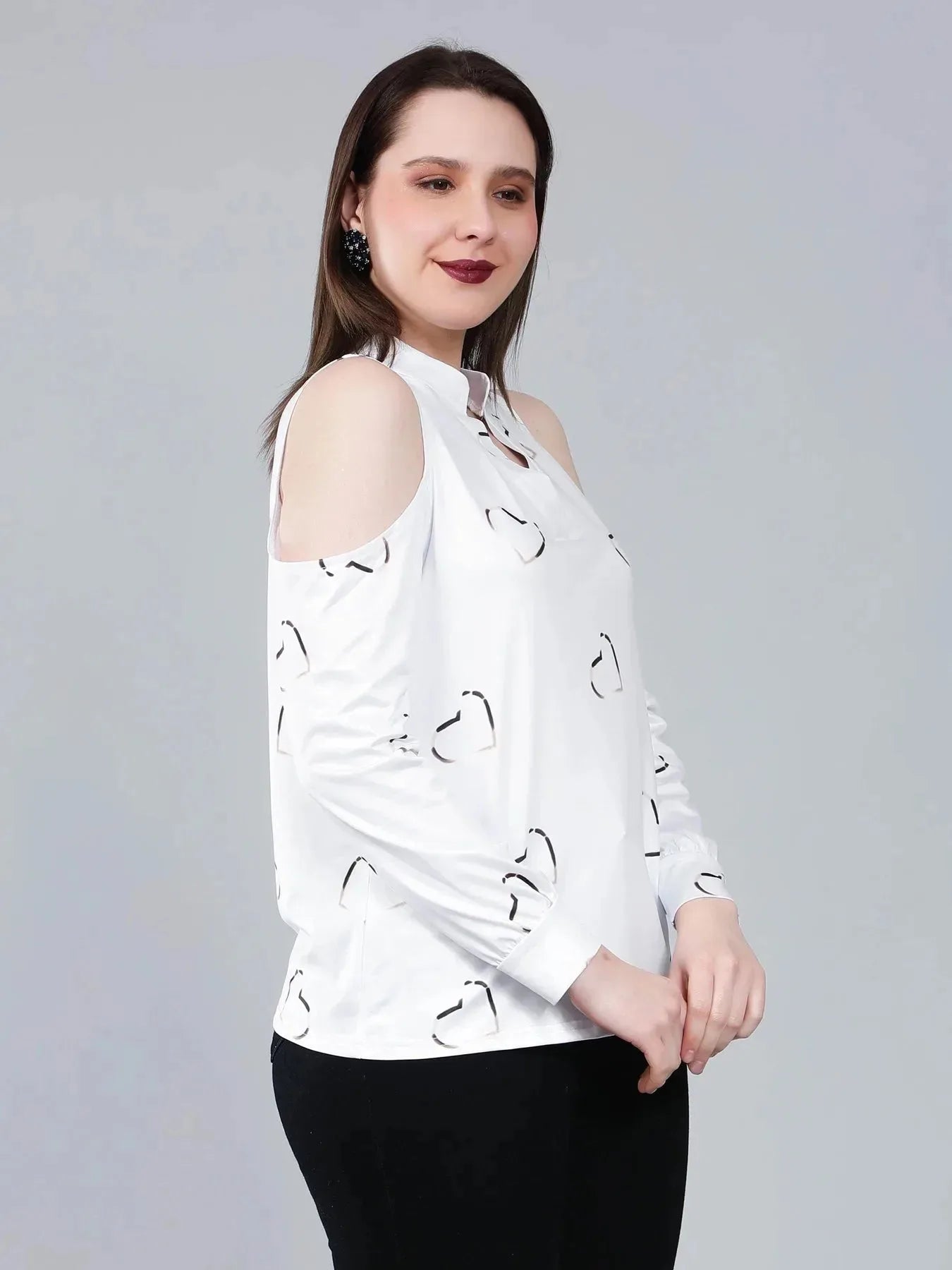 Cold Shoulder Heart Printed Blouse