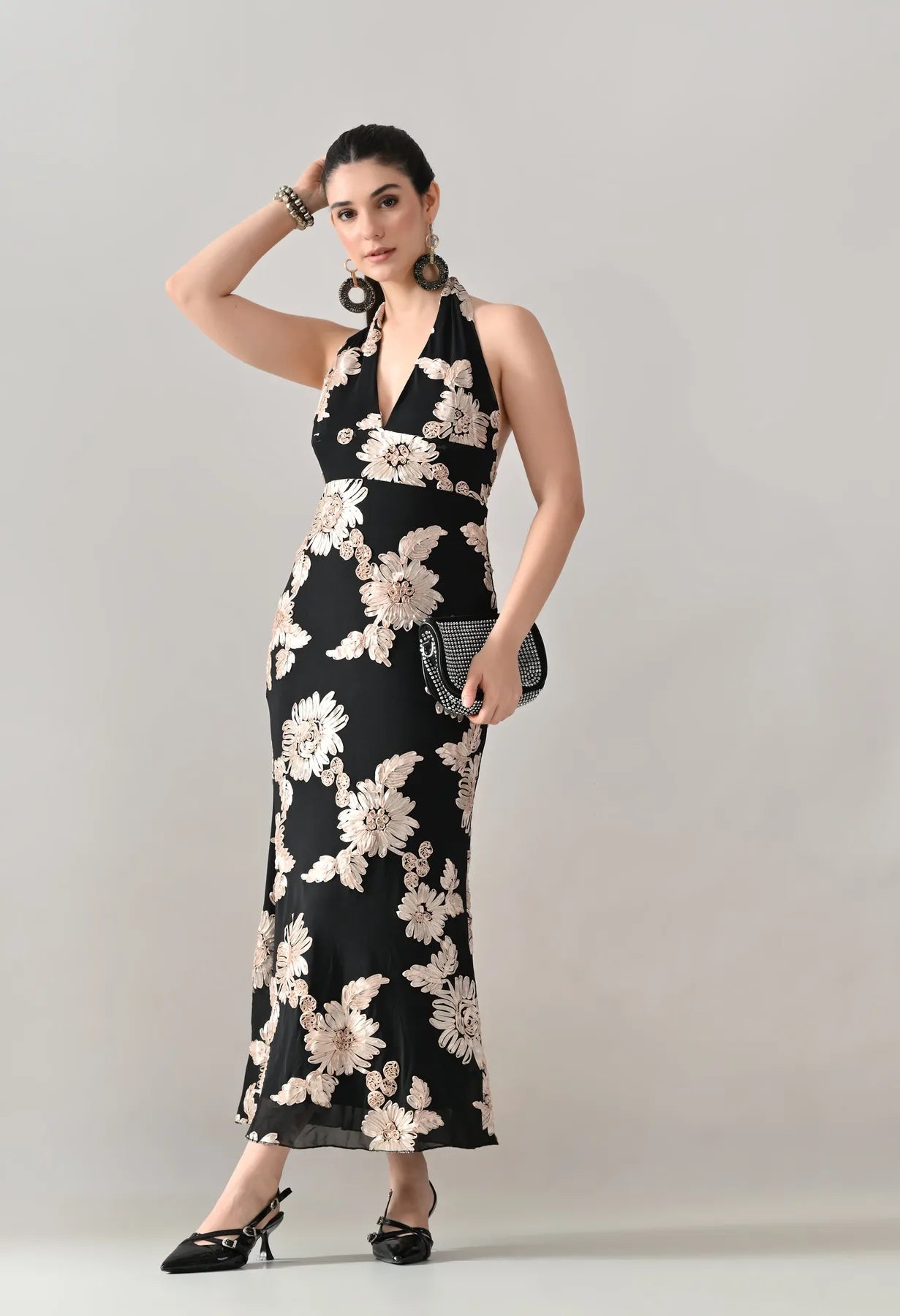 Midnight Bloom Halter Maxi Dress