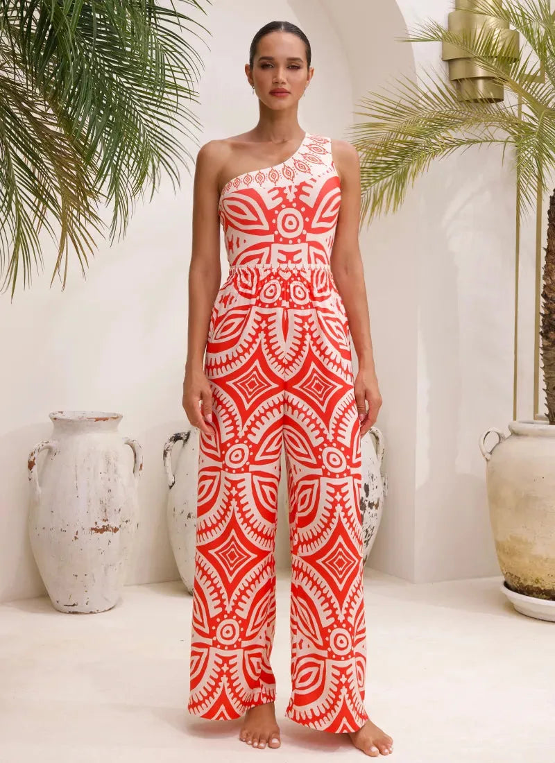 Printed One Shoulder Monokini With Pants