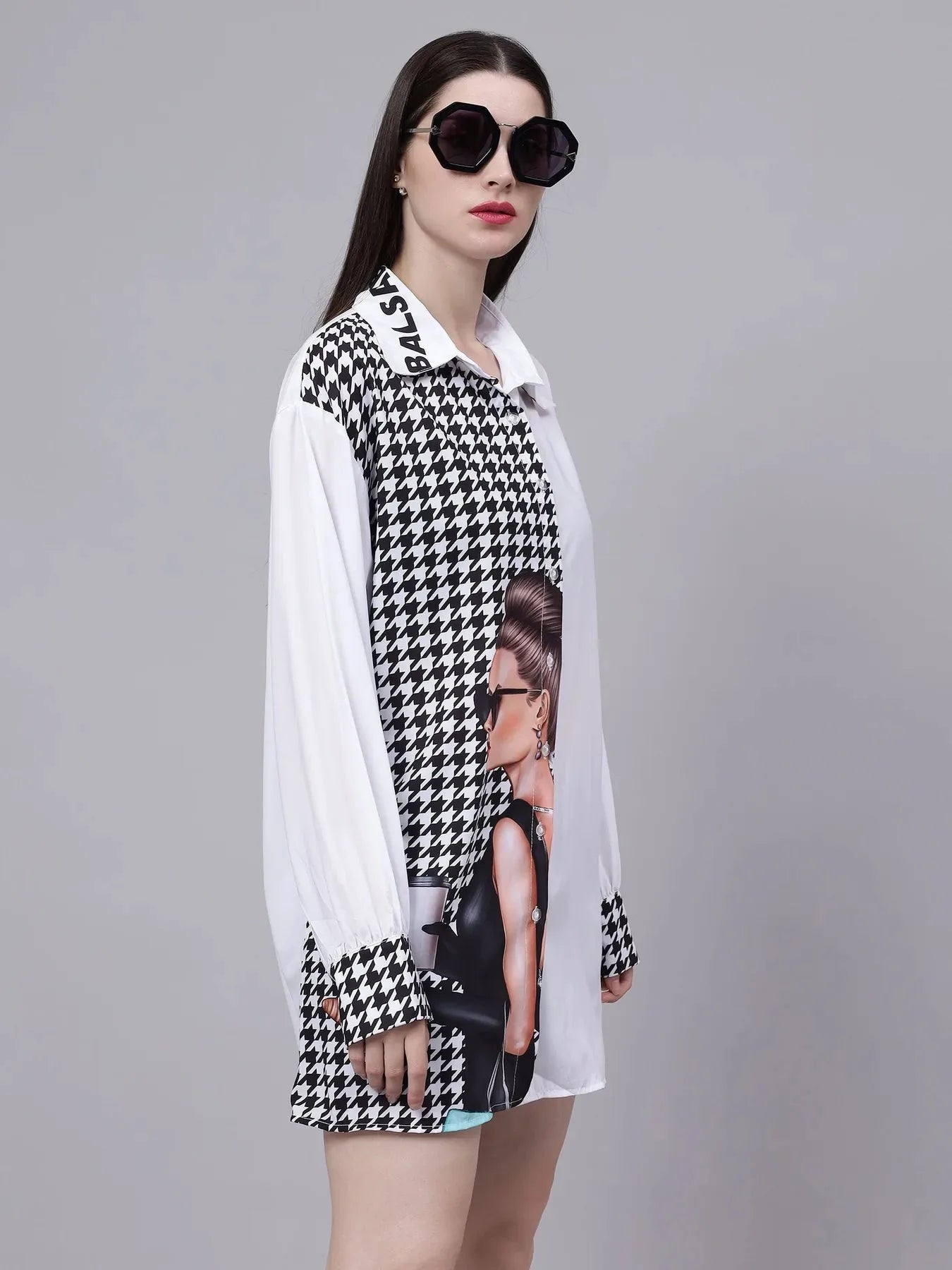Houndstooth Pattern Oversized Shirt