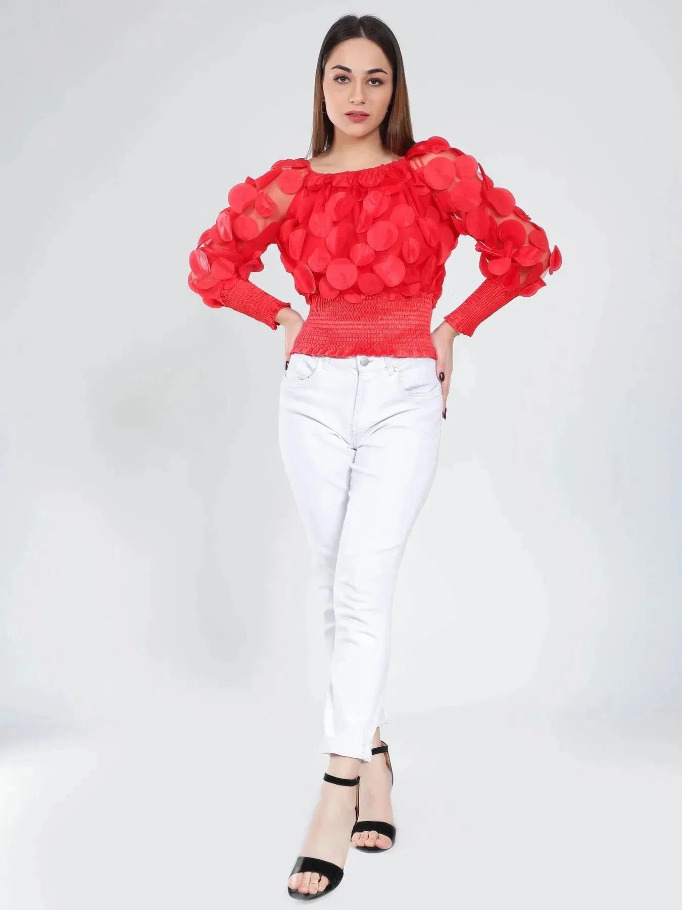 Lantern Sleeve Mesh Ruched Blouse
