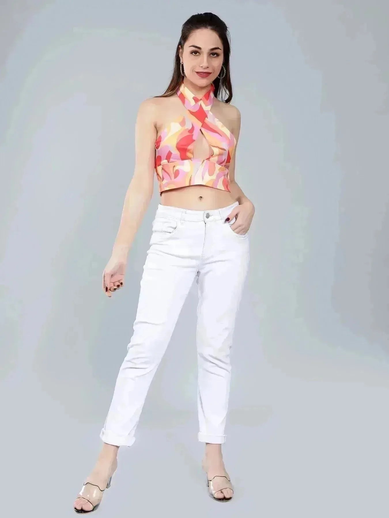 Abstract Print Cross Halter Top